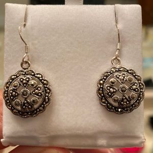 Sterling Silver Marcasite Filigree Disc Drop hook earrings